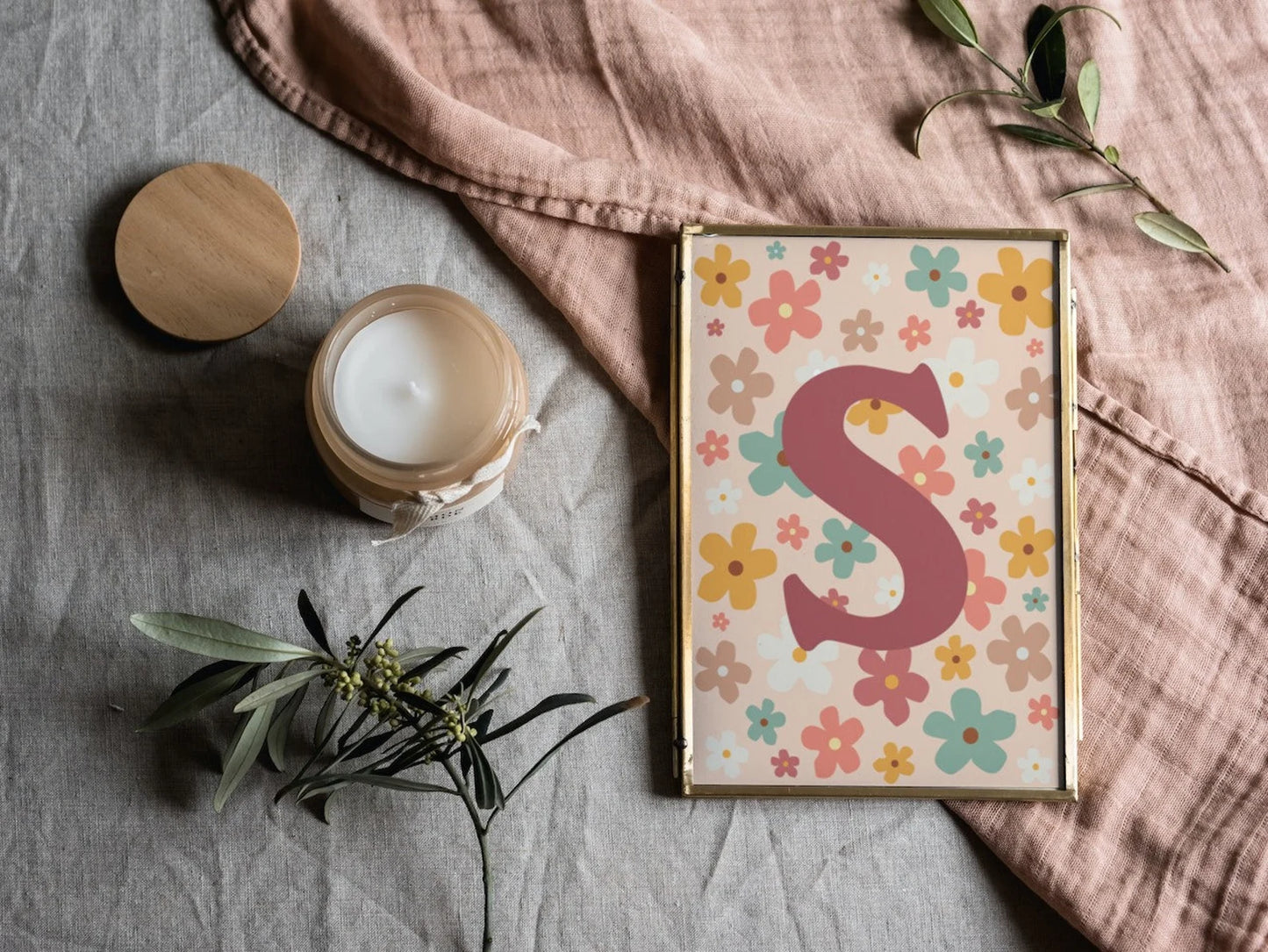 Boho Baby Flower Initial Print